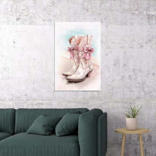 Coastal Cowgirl Boots Poster Trendy Western Print Boho Beach Aesthetic Wall Art Pink Bow Decor Coastal Granddaughter Aesthetic - xonomax