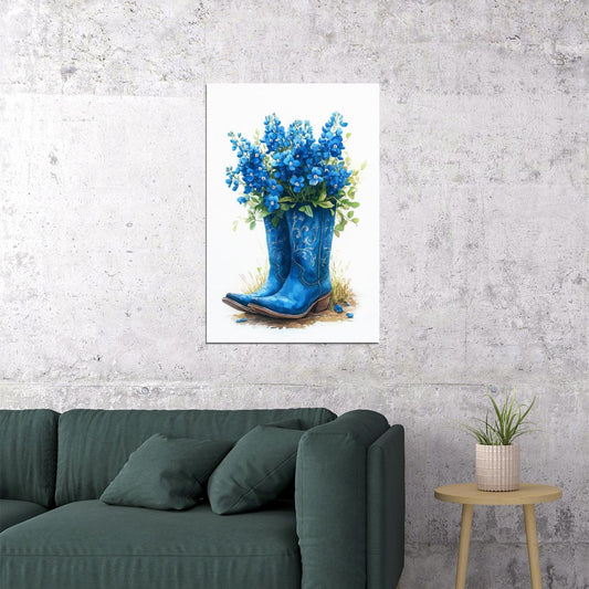 Trendy Floral Blue Cowgirl Boots Poster Watercolor Farmhouse Wall Art Western Print Preppy Blue Flowers Wall Decor - xonomax