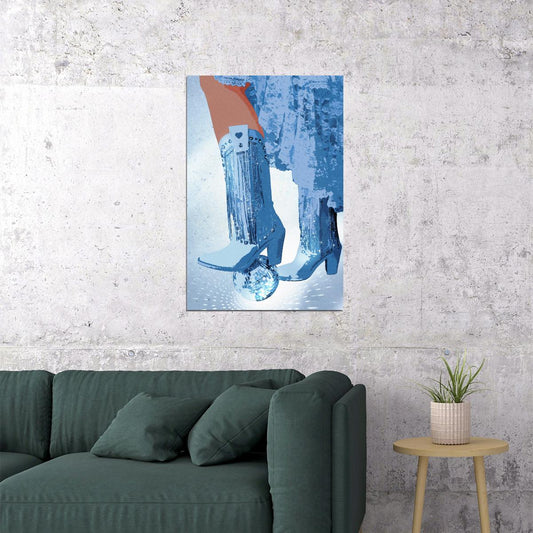 Funky Disco Cowgirl Poster Sparkly Blue Western Boots Print Disco Ball Trendy Party Wall Art - xonomax