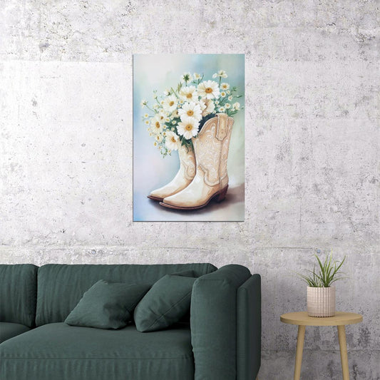 Floral Cowgirl Boots Painting Poster Vintage Watercolor Farmhouse Wall Art Western Print Preppy White Flowers Boho Wall Decor - xonomax