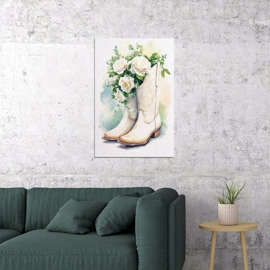 Trendy Floral Cowgirl Boots Poster Vintage Watercolor Roses Wall Art Western Print Preppy White Flowers Boho Wall Decor - xonomax