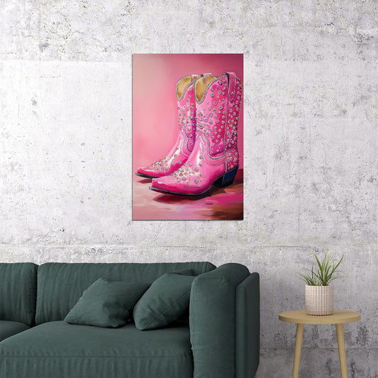 Sparkly Cowboy Boots Poster Hot Pink Glitter Western Boots Print Glam Rodeo Y2K Wall Art Southern Cowgirl Aesthetic - xonomax