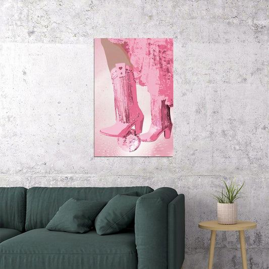 Funky Disco Cowgirl Poster Pink Fringe Western Boots Print Glitter Disco Ball Party Wall Art Y2K Aesthetic Girls Room Bedroom Dorm Decor - xonomax
