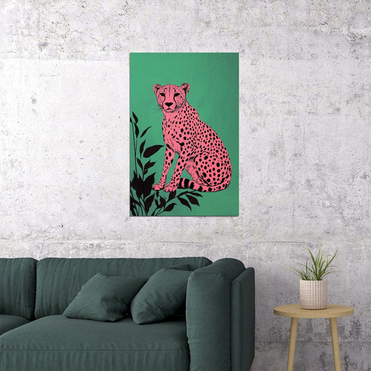 Pink Cheetah Poster Funky Eclectic Animals Wall Art Leopard Room Decor Modern Boho Cats Print Cartoon Art Print - xonomax