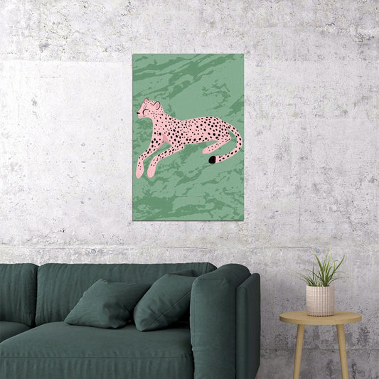 Pink Cheetah Poster Eclectic Animals Wall Art Leopard Room Decor Modern Boho Cats Print Pink Dot Cartoon Art - xonomax