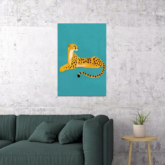 Cute Cheetah Poster Eclectic Animals Wall Art Leopard Room Decor Modern Boho Cats Print Teal Cartoon Art - xonomax