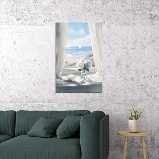 Coastal Granddaughter Painting Bookish Wall Art Nautical Ocean View Floral Still Life for Reading Nook Library or Beach Bedroom Aesthetic - xonomax