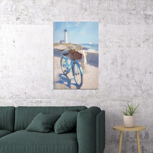 Coastal Granddaughter Painting Bookish Wall Art Lighthouse with Floral Bicycle for Beachy Room or Nautical Cottage Aesthetic Bedroom - xonomax