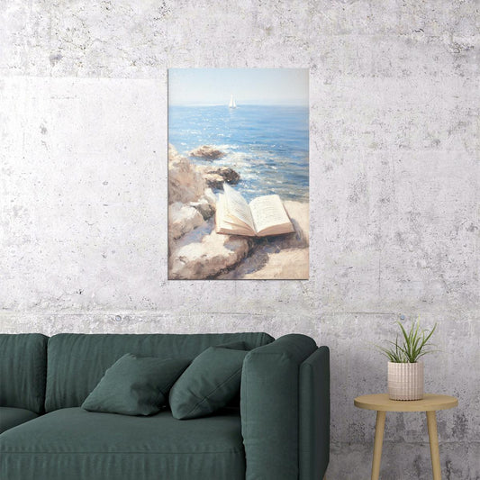 Coastal Granddaughter Painting Bookish Wall Art Reading by the Ocean Rocks Nautical Decor for Library or Beachy Cottage Bedroom Aesthetic - xonomax