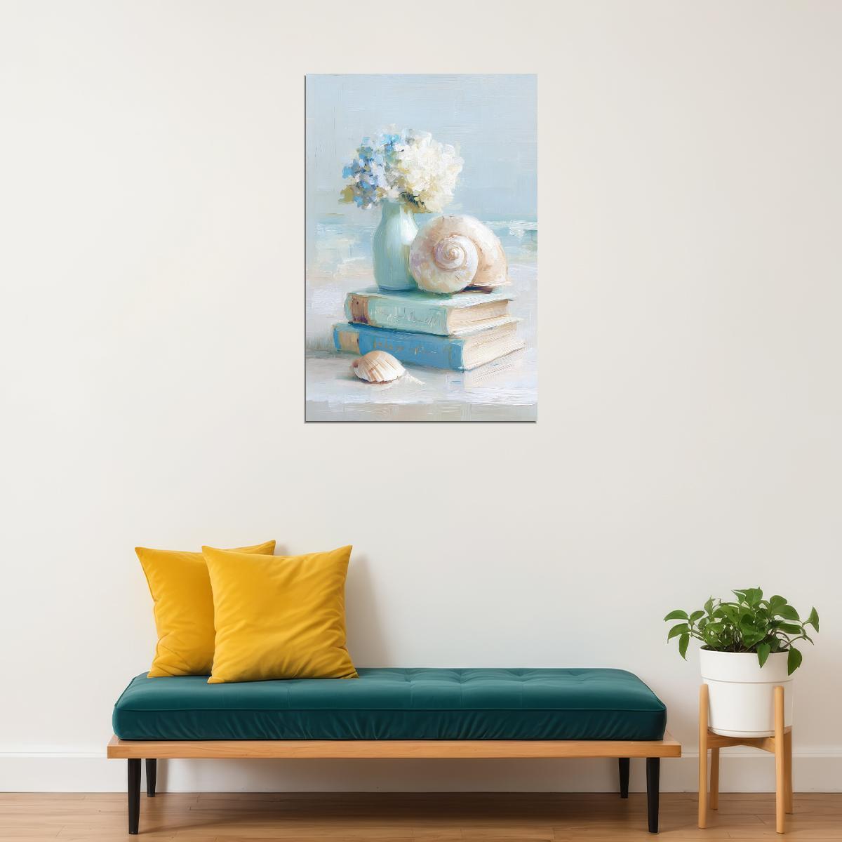Coastal Granddaughter Painting Bookish Wall Art Still Life with Shells and Books for Beachy Cottage Bedroom or Reading Nook - xonomax