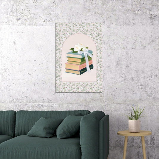 Stack of Classic Books with White Roses and Ribbon Bookish Poster Botanical Wall Art Bookish Decor Floral Wall Art Vintage Gift for Readers - xonomax