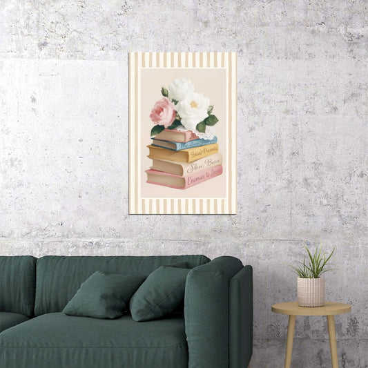 Romance Tropes Book Stack with Roses Bookish Poster Botanical Wall Art Bookish Decor Floral Wall Art Romantic Reader Gift - xonomax