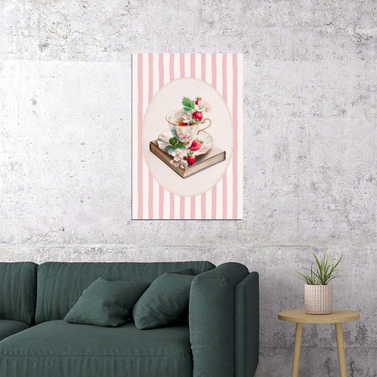 Book with Strawberries and Tea Cup Bookish Poster Botanical Wall Art Bookish Decor Pink Floral Wall Art for Kitchen and Book Lovers - xonomax