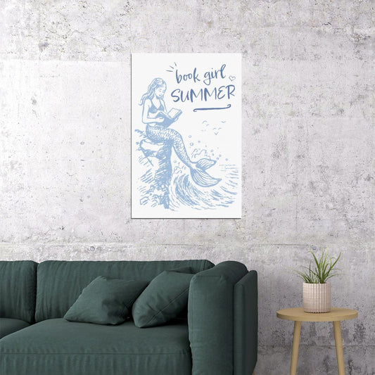 Book Girl Summer Mermaid Print Bookish Poster Coastal Granddaughter Room Decor Coastal Wall Art for Reading Nook - xonomax