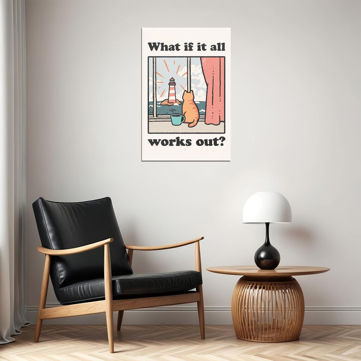 Motivational Cute Cat Poster What If It All Works Out Wall Art Positive Affirmations Wall Decor for Bedroom or Nursery Whimsical Print - xonomax