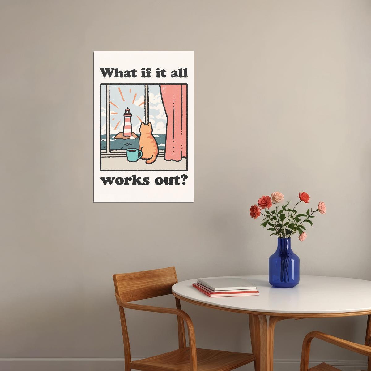 Motivational Cute Cat Poster What If It All Works Out Wall Art Positive Affirmations Wall Decor for Bedroom or Nursery Whimsical Print - xonomax