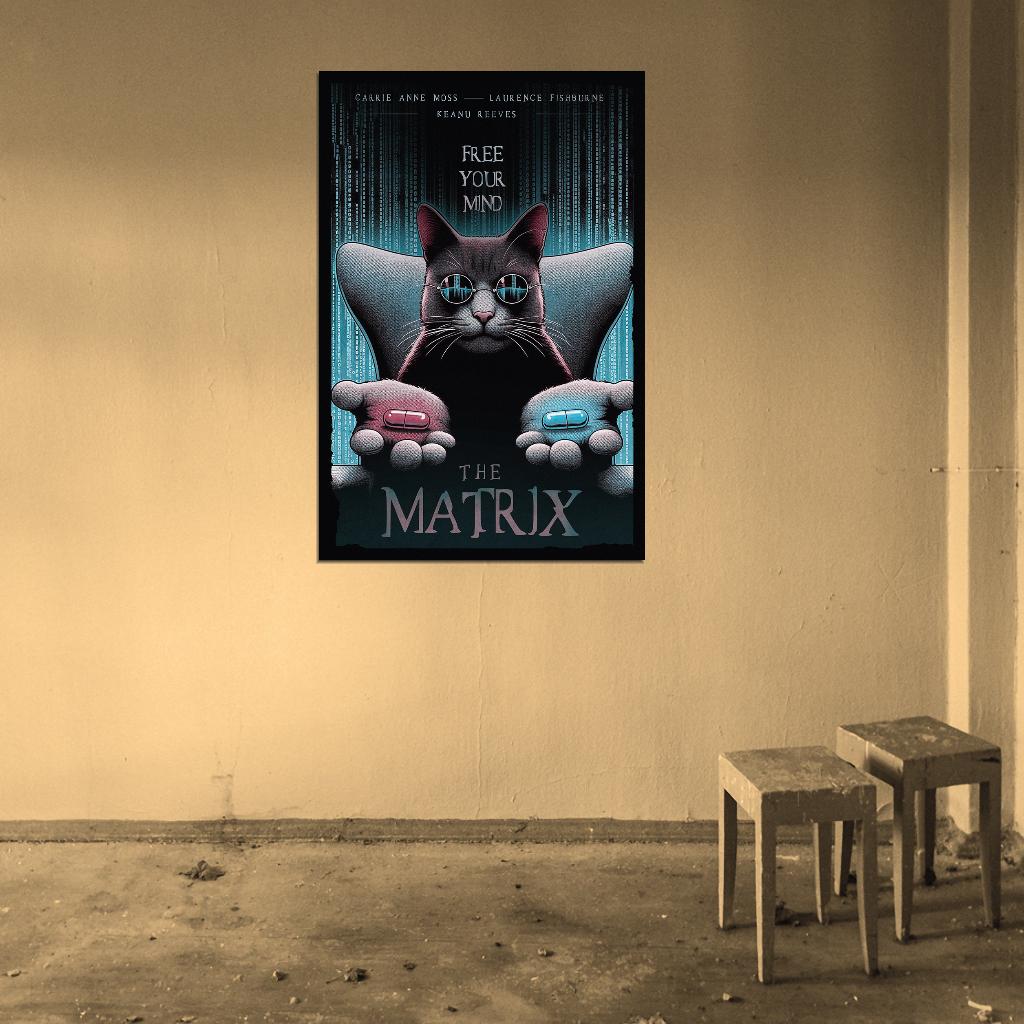 Matrix Choose Red or Blue Pill With Cat Free Your Mind Movie Poster