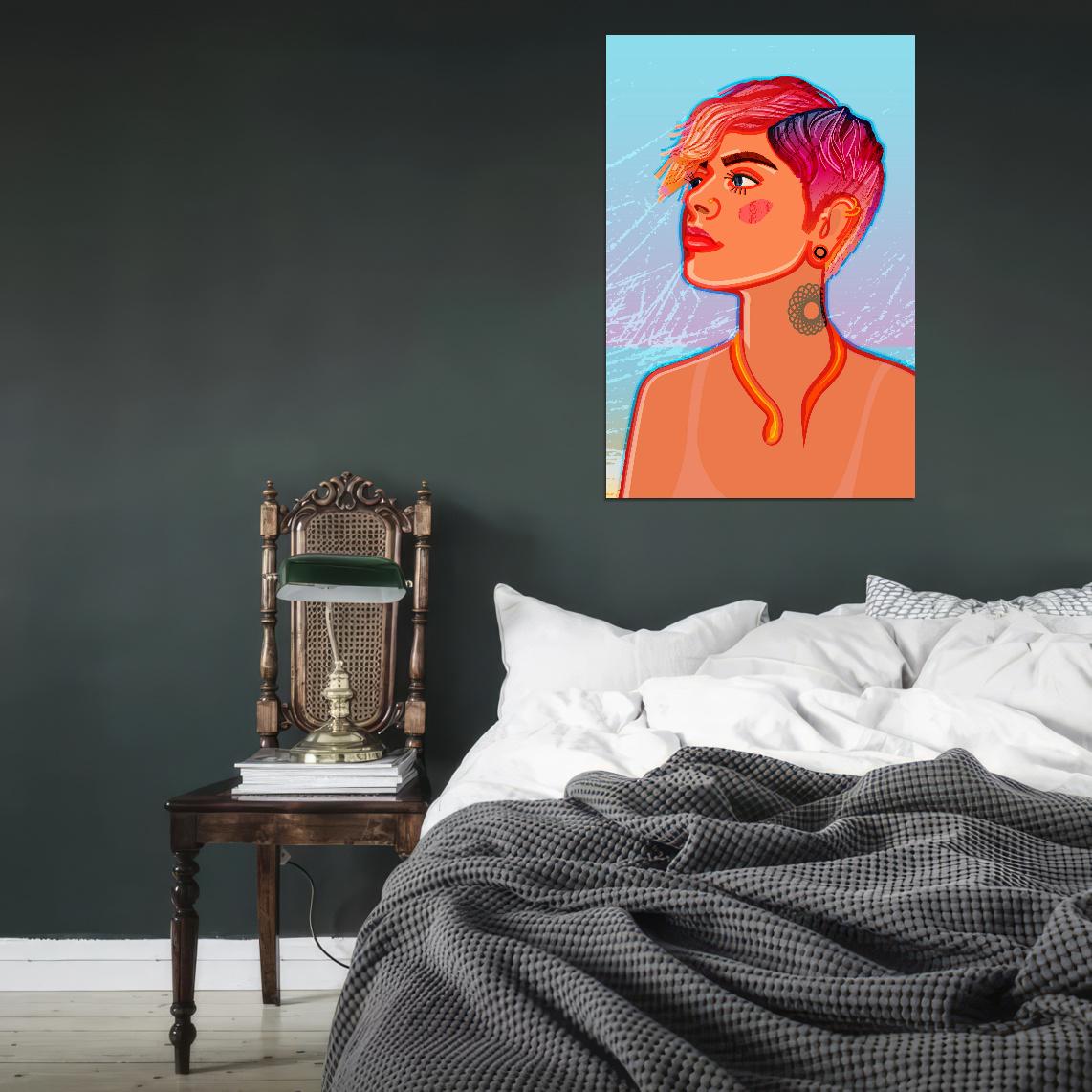 Tanned Girl With Bright Short Haircut With Piercings Tattoos Against Background Of Blue Sky Poster - xonomax