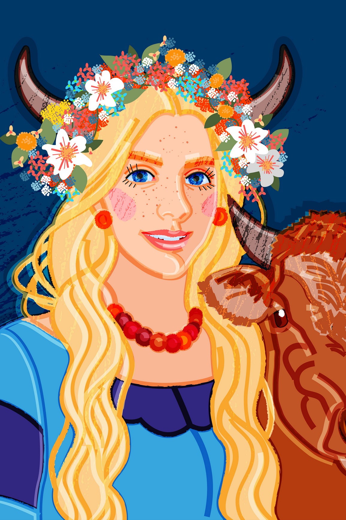 Cute Girl With Long Blond Hair Flower Wreath With Horns Hugs Calf Against The Background The Night Sky Poster