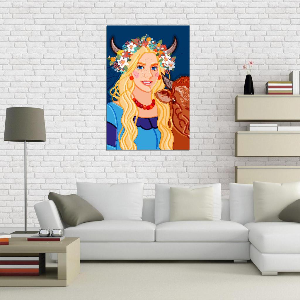 Cute Girl With Long Blond Hair Flower Wreath With Horns Hugs Calf Against The Background The Night Sky Poster