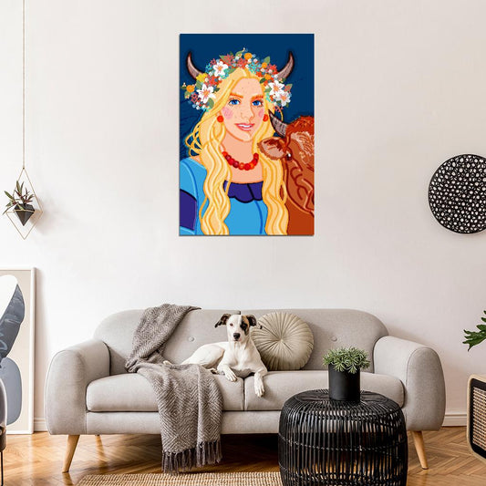Cute Girl With Long Blond Hair Flower Wreath With Horns Hugs Calf Against The Background The Night Sky Poster - xonomax