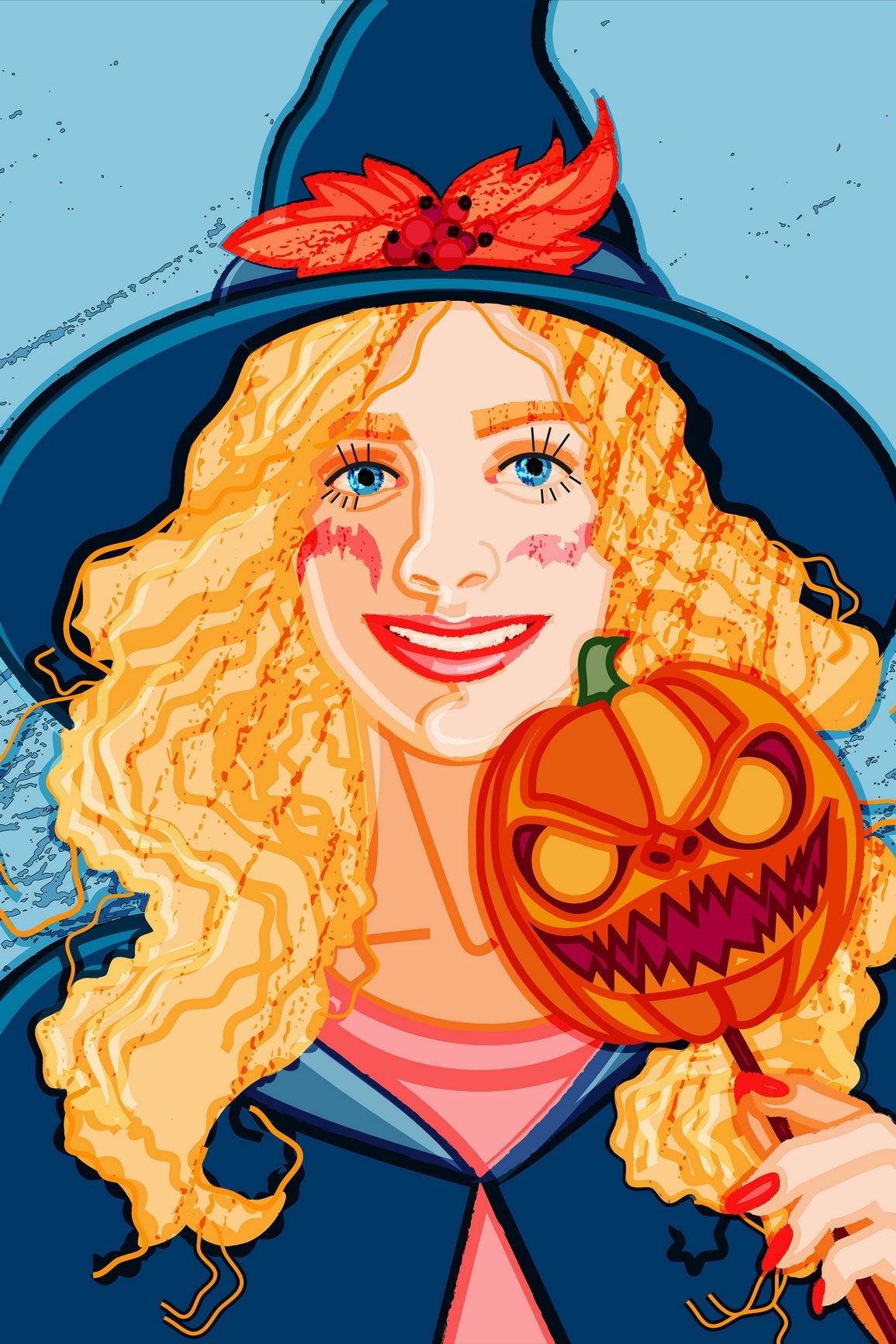 Smiling Girl Poster With Blond Wavy Hair Wearing Witch Costume For Halloween With Evil Pumpkin Mask