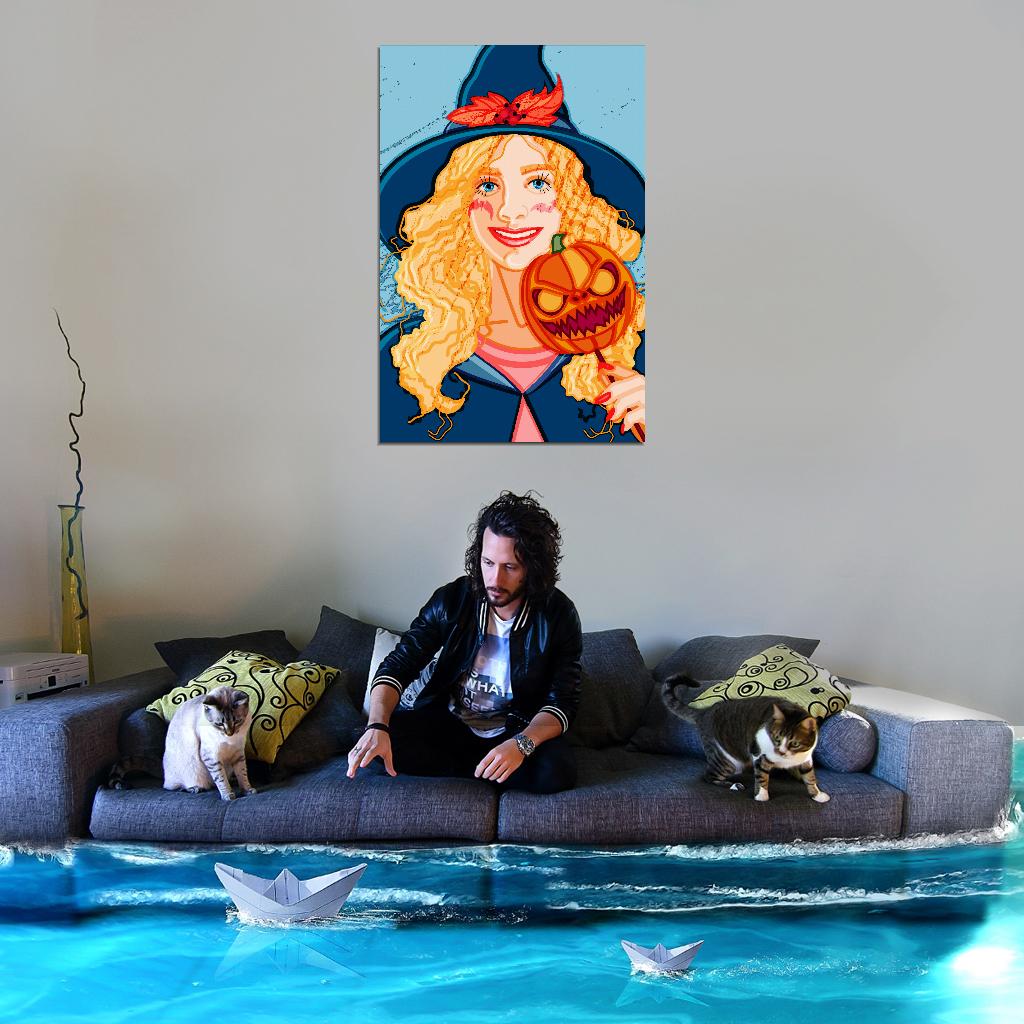 Smiling Girl Poster With Blond Wavy Hair Wearing Witch Costume For Halloween With Evil Pumpkin Mask