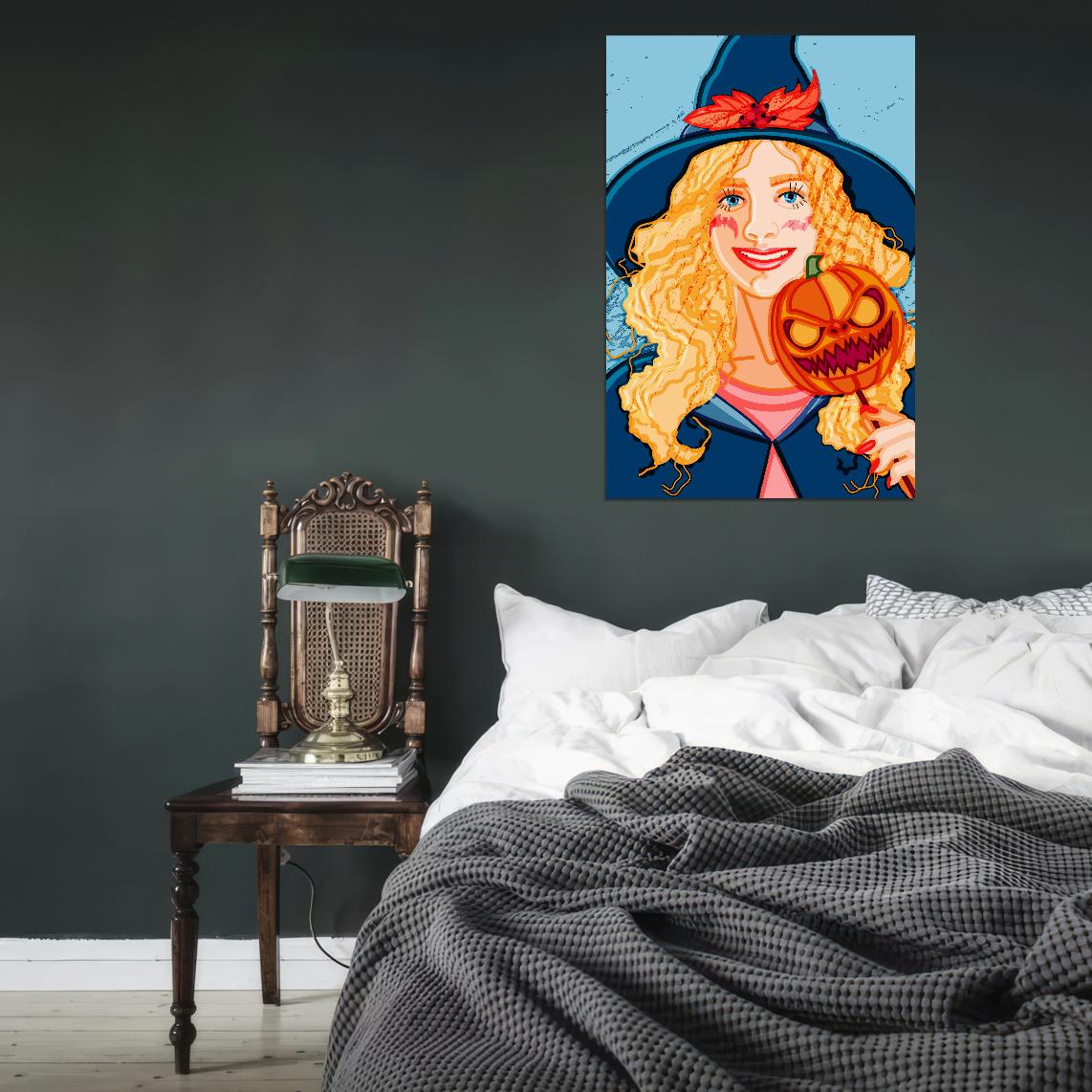 Smiling Girl Poster With Blond Wavy Hair Wearing Witch Costume For Halloween With Evil Pumpkin Mask