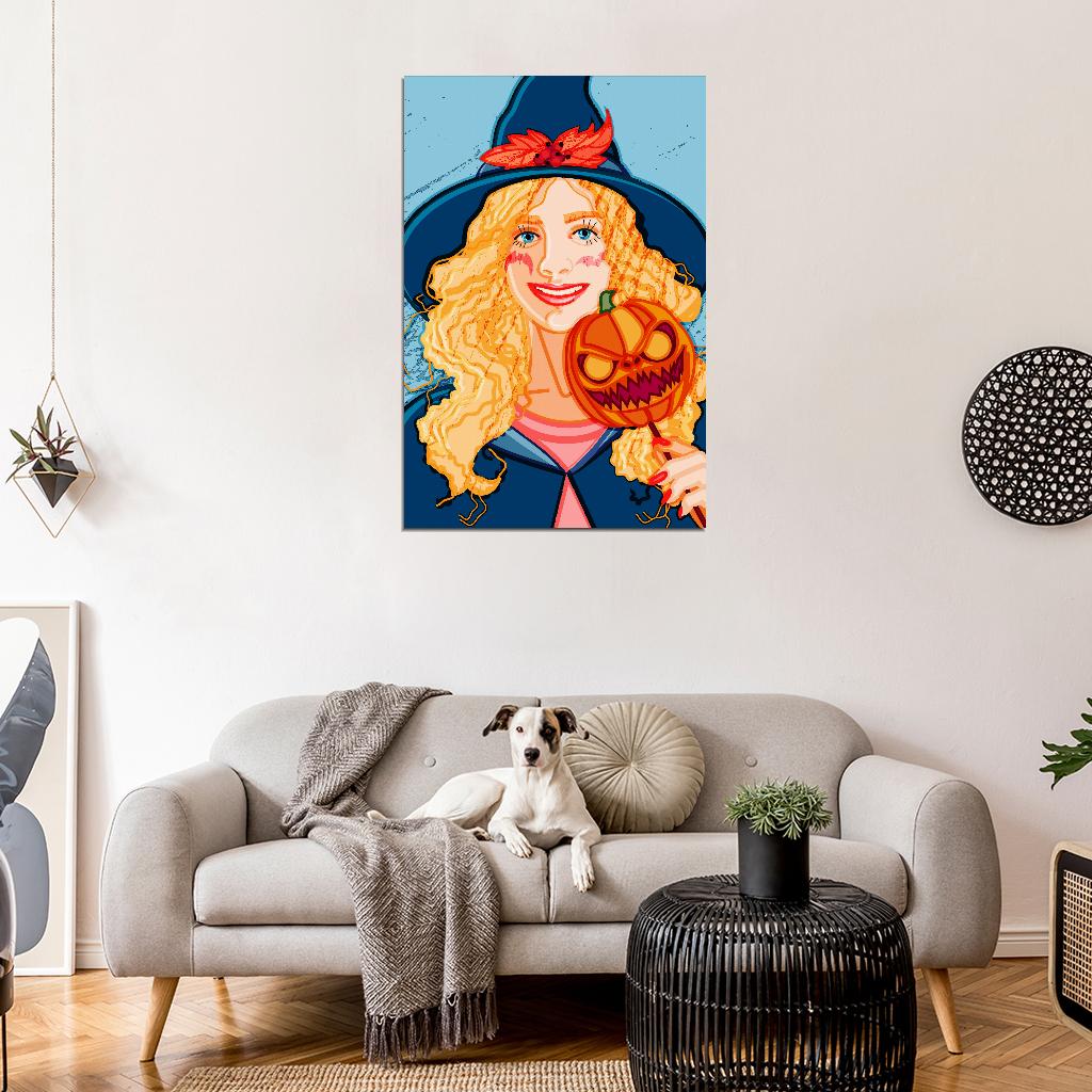 Smiling Girl Poster With Blond Wavy Hair Wearing Witch Costume For Halloween With Evil Pumpkin Mask
