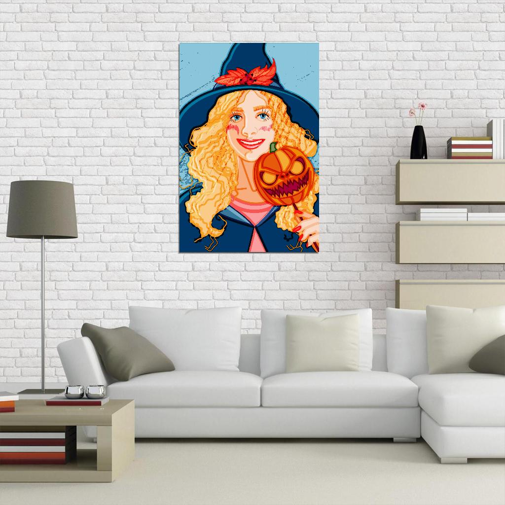 Smiling Girl Poster With Blond Wavy Hair Wearing Witch Costume For Halloween With Evil Pumpkin Mask