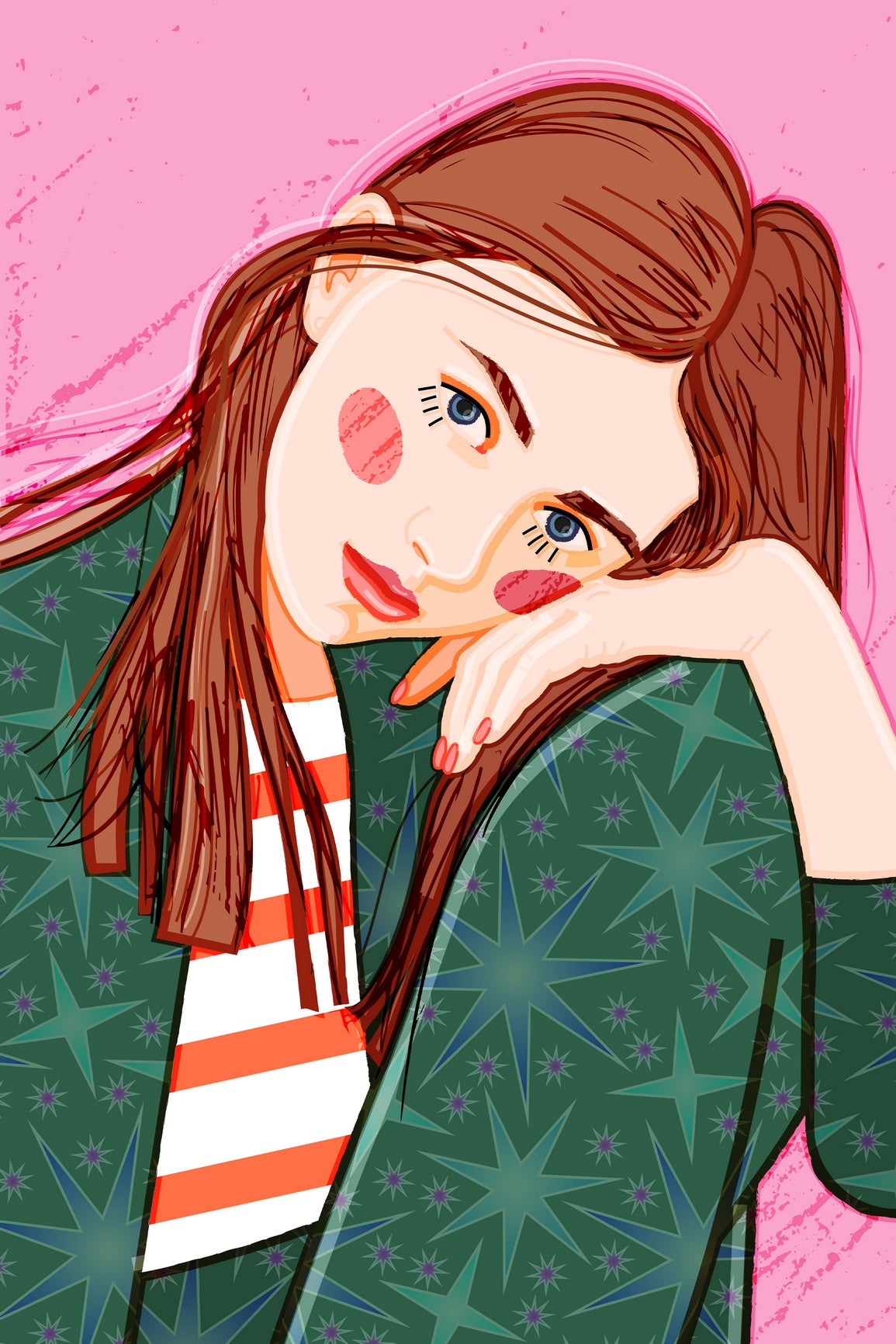 Cute Thoughtful Girl Poster Green Pajamas On A Pink Background Poster
