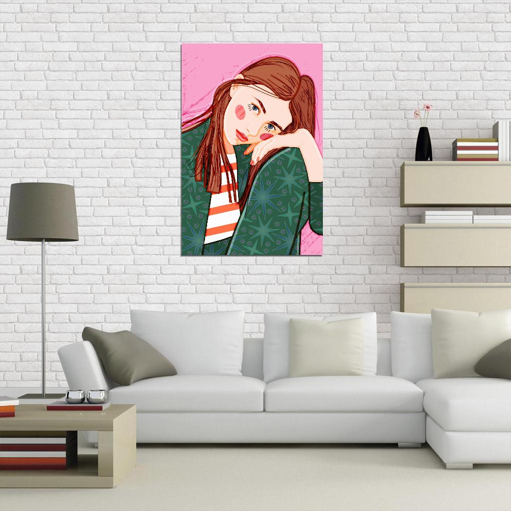 Cute Thoughtful Girl Poster Green Pajamas On A Pink Background Poster