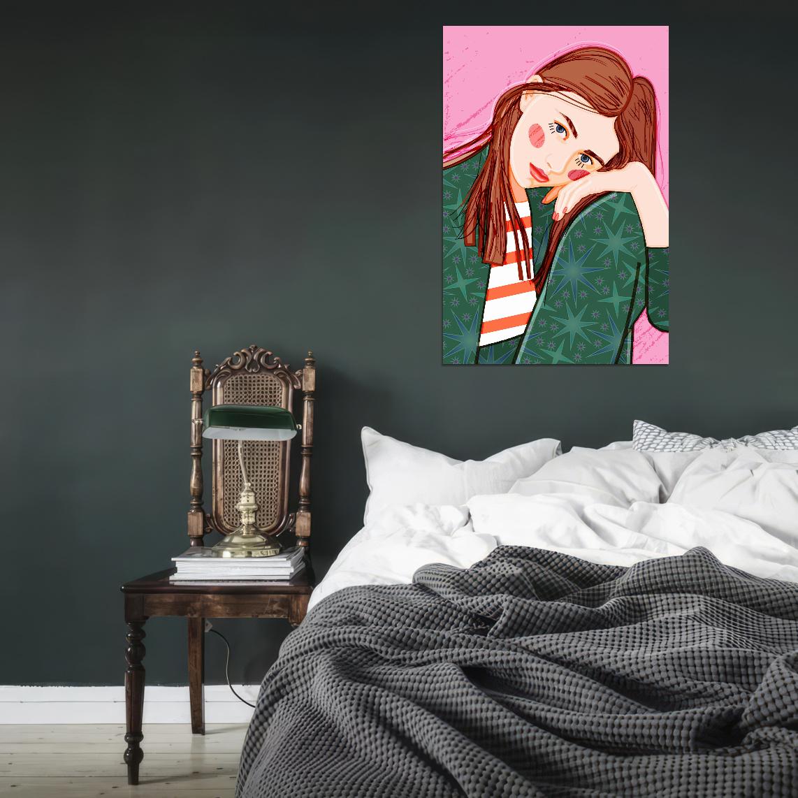 Cute Thoughtful Girl Poster Green Pajamas On A Pink Background Poster