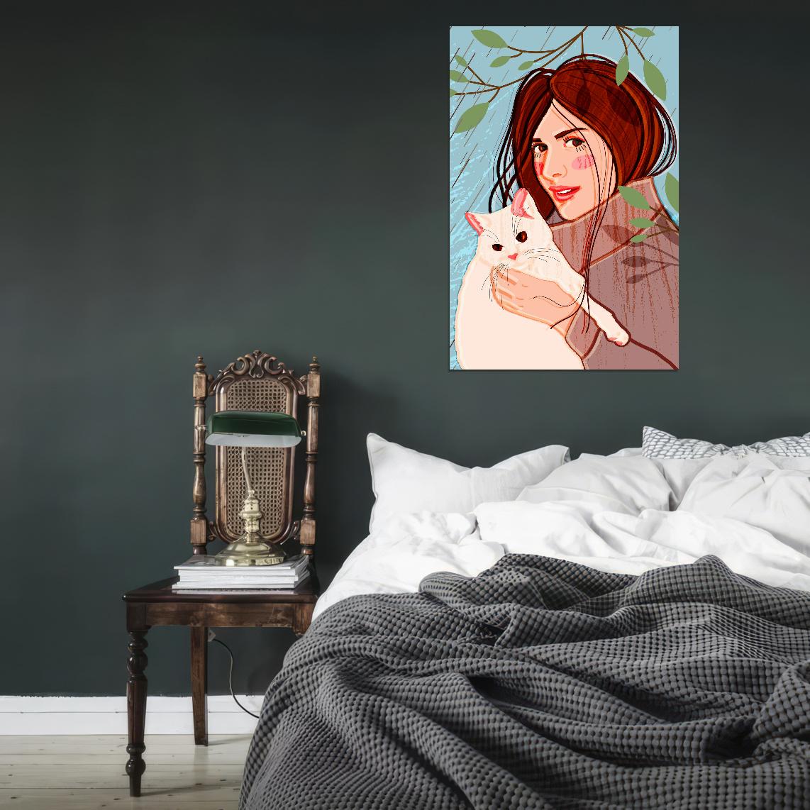 Cute Girl Poster In A Coat With A High Collar Holds A White Fluffy Cat While Standing On Tree Branches, Hiding From The Rain - xonomax