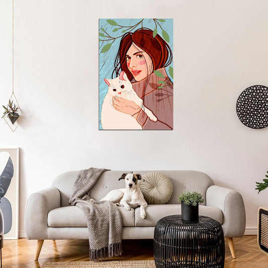 Cute Girl Poster In A Coat With A High Collar Holds A White Fluffy Cat While Standing On Tree Branches, Hiding From The Rain - xonomax