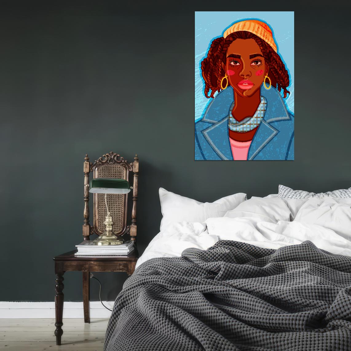 Beautiful Girl Poster With Pigtails In A Bright Yellow Knitted Hat And A Blue Coat With A Large Collar - xonomax