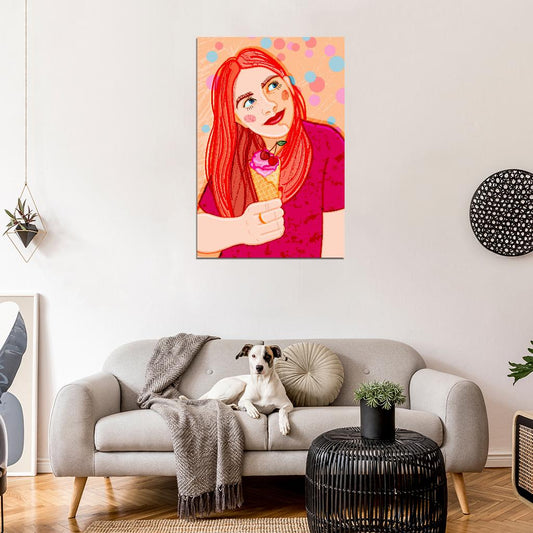 Cute Red-haired Girl Poster In A Bright Pink T-shirt With Cherry Ice Cream In A Waffle Cone On A Background Of Colorful Confetti - xonomax