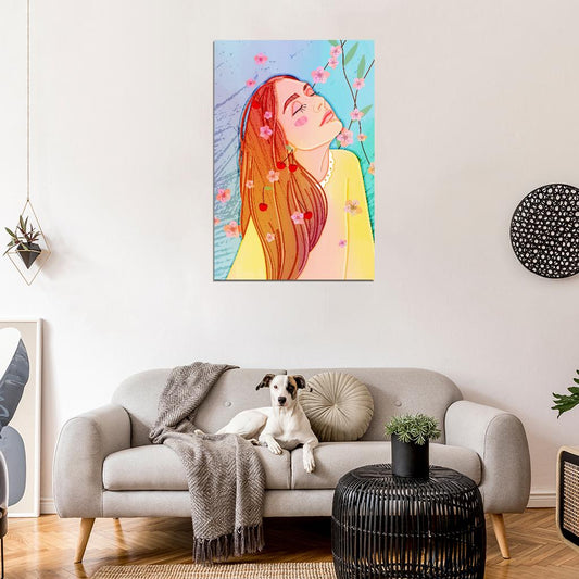 Gentle Girl Poster With Long Hair And Closed Eyes Against The Background Of Falling Sakura Flowers - xonomax