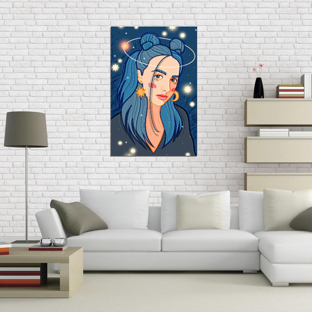 Sad Girl Poster With Blue Hair With A Planet Flying In Orbit Above Her Head Against The Background Of The Starry Sky