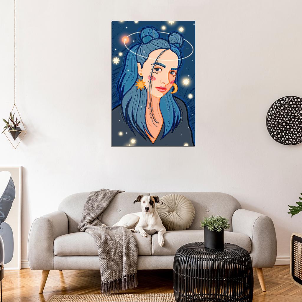 Sad Girl Poster With Blue Hair With A Planet Flying In Orbit Above Her Head Against The Background Of The Starry Sky