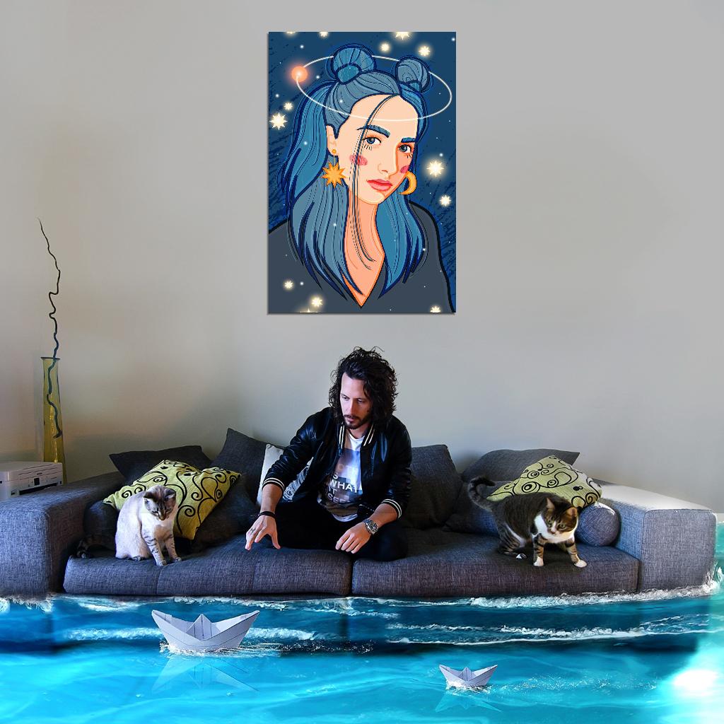 Sad Girl Poster With Blue Hair With A Planet Flying In Orbit Above Her Head Against The Background Of The Starry Sky