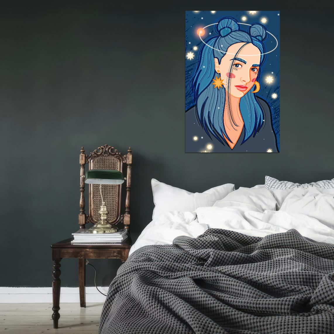 Sad Girl Poster With Blue Hair With A Planet Flying In Orbit Above Her Head Against The Background Of The Starry Sky