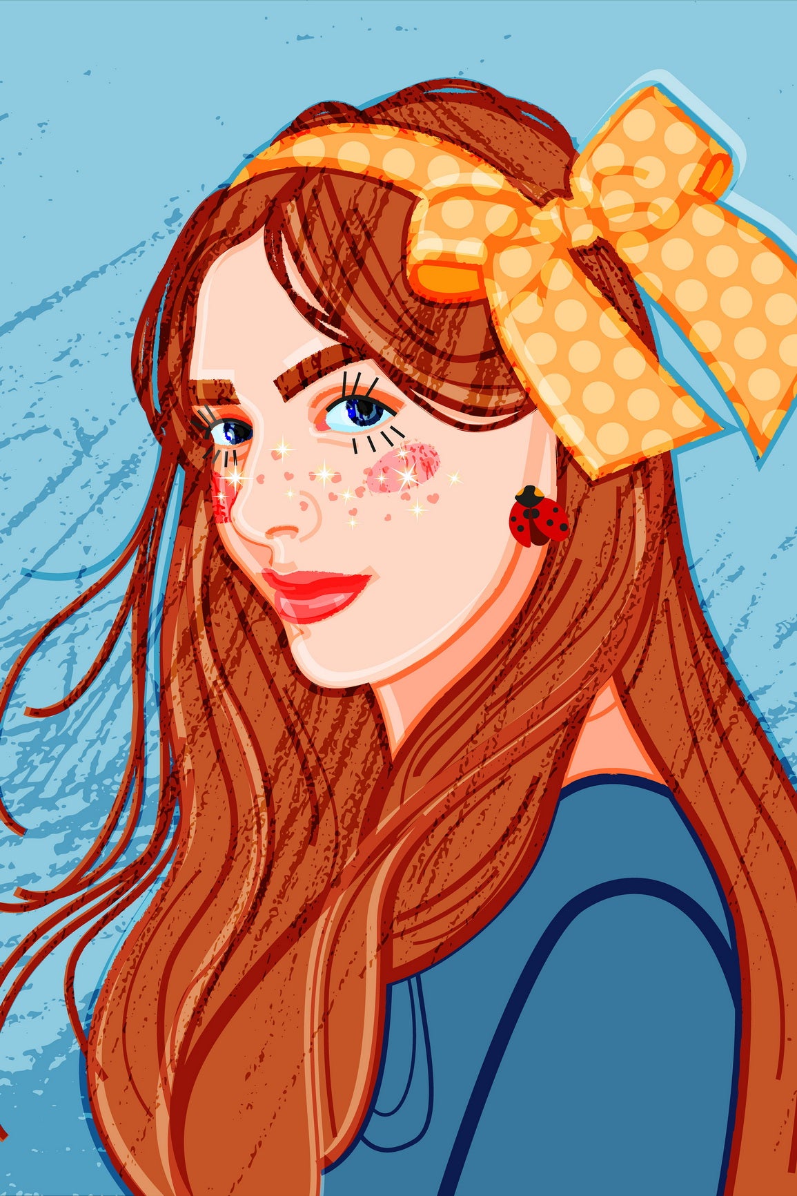 Red-haired Girl Poster With Long Curls Decorated With A Large Yellow Bow With Polka Dots And Shining Freckles In The Shape Of Hearts - xonomax