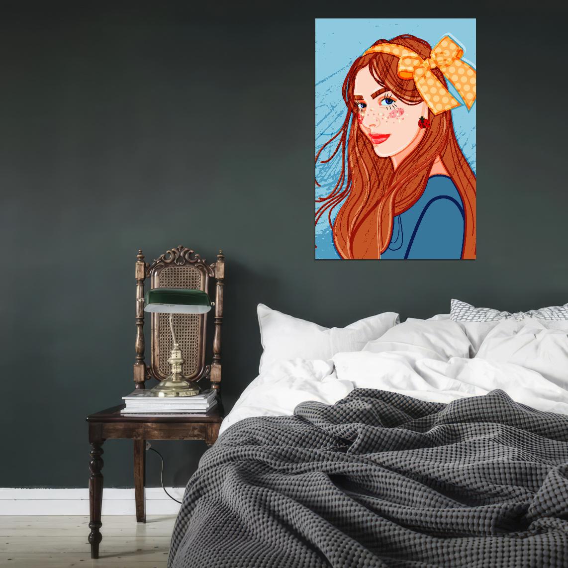 Red-haired Girl Poster With Long Curls Decorated With A Large Yellow Bow With Polka Dots And Shining Freckles In The Shape Of Hearts - xonomax