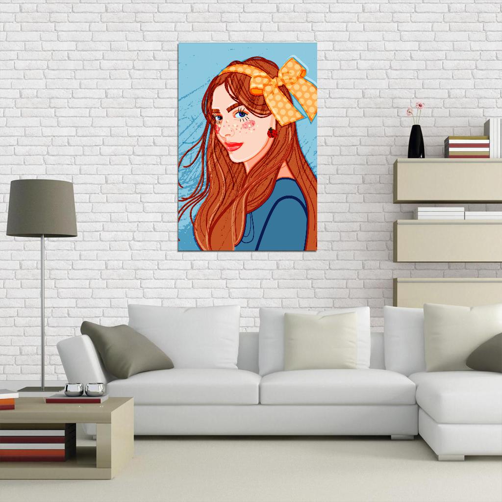 Red-haired Girl Poster With Long Curls Decorated With A Large Yellow Bow With Polka Dots And Shining Freckles In The Shape Of Hearts - xonomax