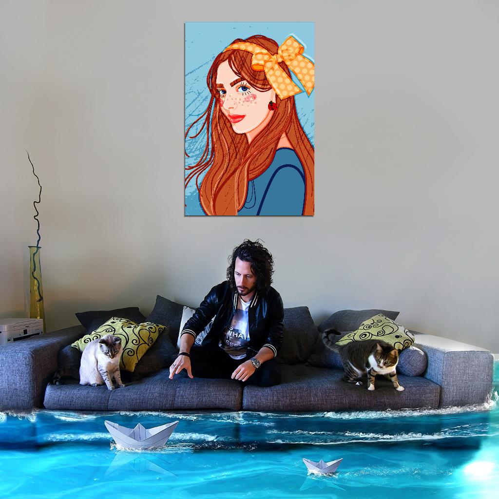 Red-haired Girl Poster With Long Curls Decorated With A Large Yellow Bow With Polka Dots And Shining Freckles In The Shape Of Hearts - xonomax
