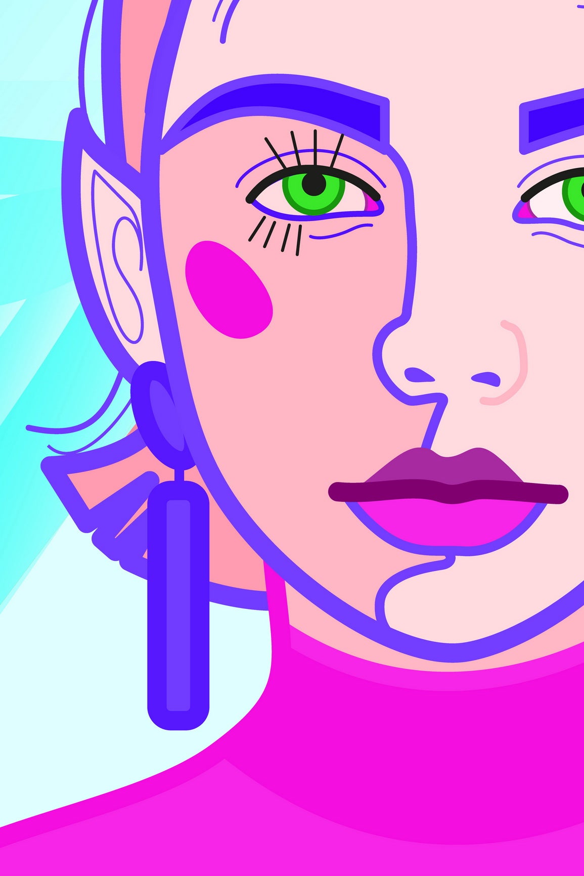 Bright Close-up Portrait Poster Of A Young Girl With Pink Hair With Pointed Ears And Large Earrings