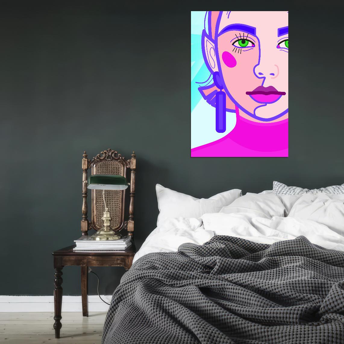 Bright Close-up Portrait Poster Of A Young Girl With Pink Hair With Pointed Ears And Large Earrings - xonomax