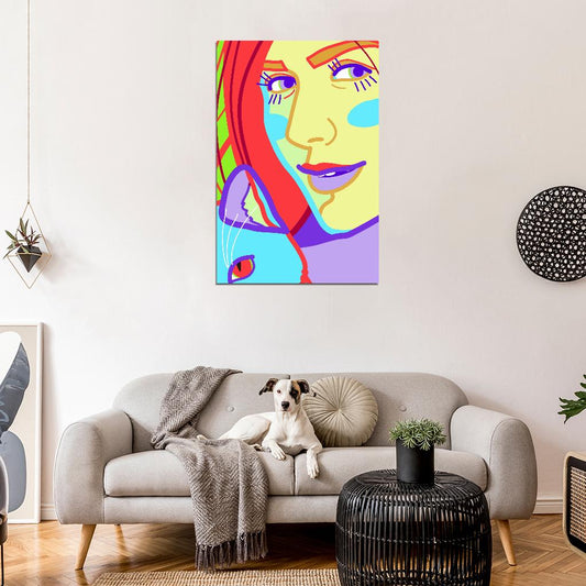 Bright Close-up Portrait Poster Of A Girl With Pink Blush And A Cat In The Author's Style - xonomax