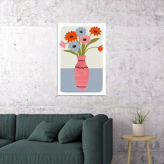 Floral Vase Print Pastel Gerbera Flowers Minimalist Poster Coquette Aesthetic - xonomax